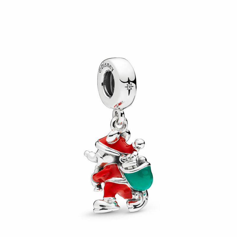 Pandora Disney Santa Mickey & Gift Bag Dangle Charm Ireland - Sterling Silver/Enamel/Green/Cubic Zir